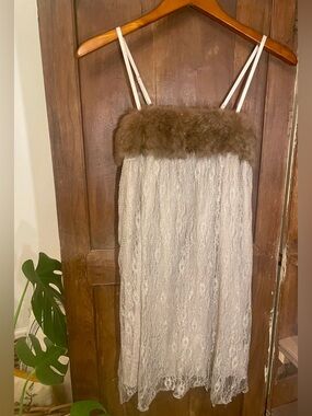 Silky Lace Trim Nightgown with Brown Fur Trim